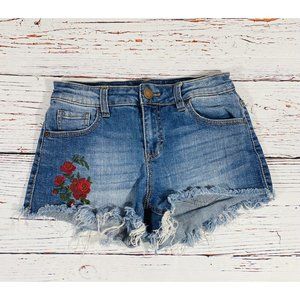 Tinseltown Jean Shorts Juniors Sz 3/4 Blue Cutoff Raw Hem Embroidered Red Flower